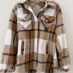 Amazon Women's Plaid Utility Jacket in Brown and Cream